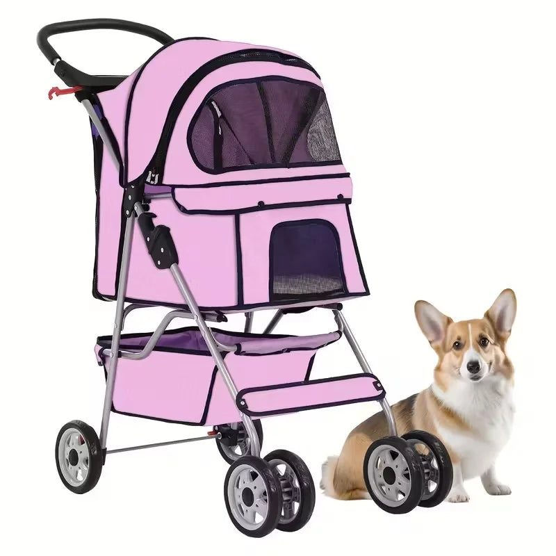 4 Wheel Stroller, Folding Carrier Waterproof Puppy Removable Liner for Small Medium Dogs Cats