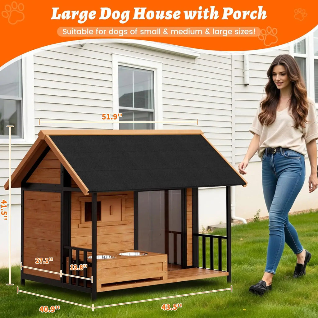 Dog House with Insulated Liner and Dog Bowls Stand, Large Heated Outdoor Dog Kennel Keep Warm in Winter