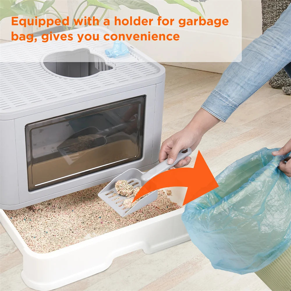 Large Hooded Cat Litter Box Tray Drawer Top Entry Anti-Splashing Enclosed Potty with Scoop