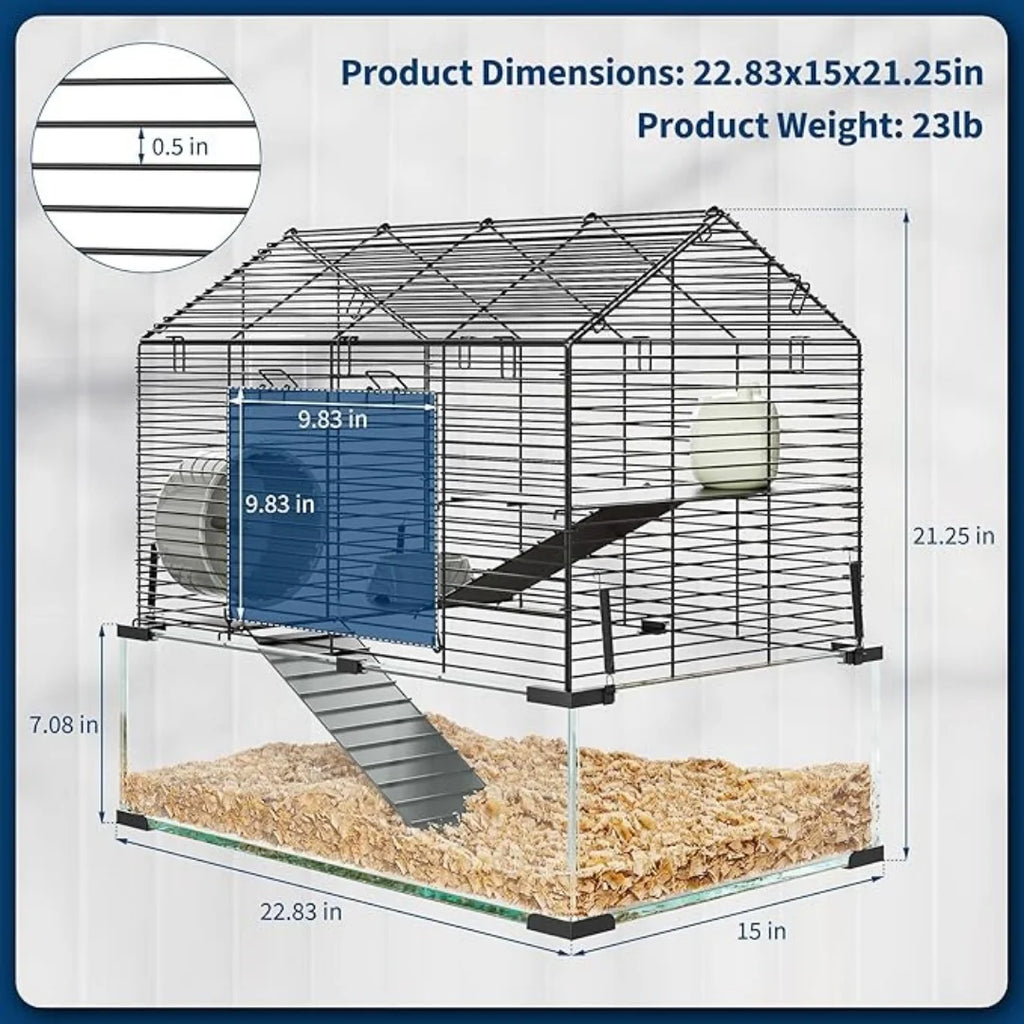 3 Tiers Large Hamster Enclosure, Metal Enclosure + Glass Gerbil Cages, Small Animal Cages for Guinea Pigs Chinchilla