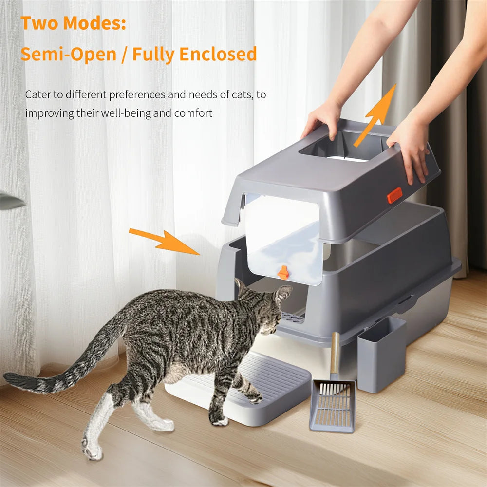 XXL Stainless Steel Cat Litter Box Enclosed Puppy Cat Litter Tray with Lid Large Litter
