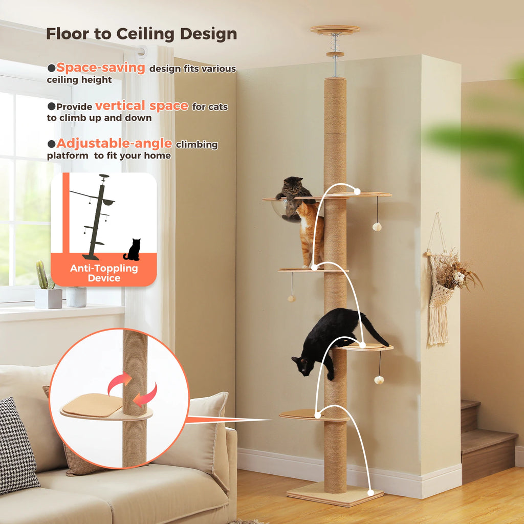 Floor to Ceiling Cat Tree for Indoor Cats Adjustable Height Wooden Cat Tower with Thick Scratching Posts Acrylic