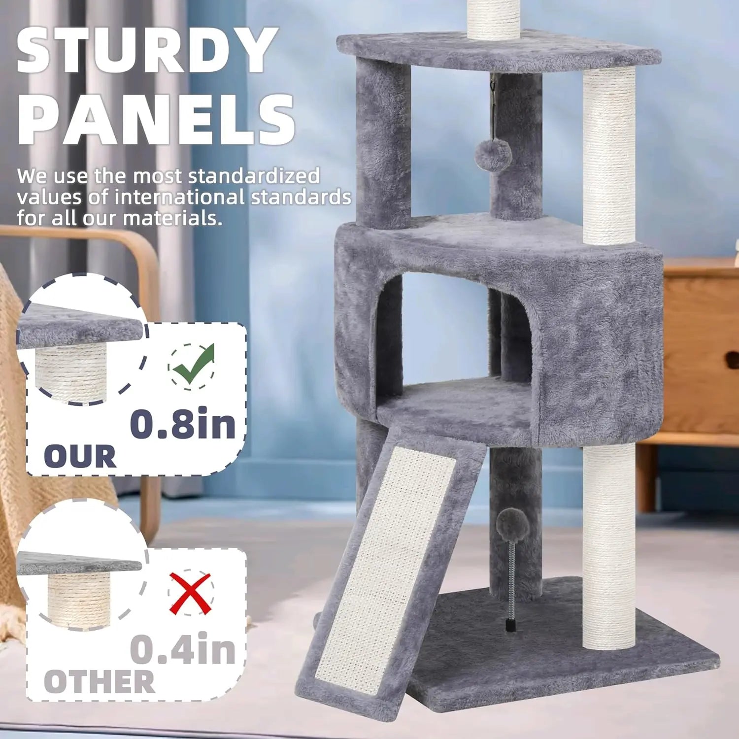 45in Multi-Level Cat Tree Tower with Scratching Post, Board, and Toys for Small Spaces, Grey