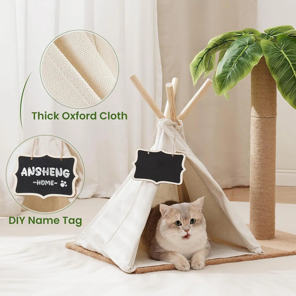 MEWOOFUN Cats Scratching Post Teepee Cat Tree with Simulated Leaves 60cm Tall