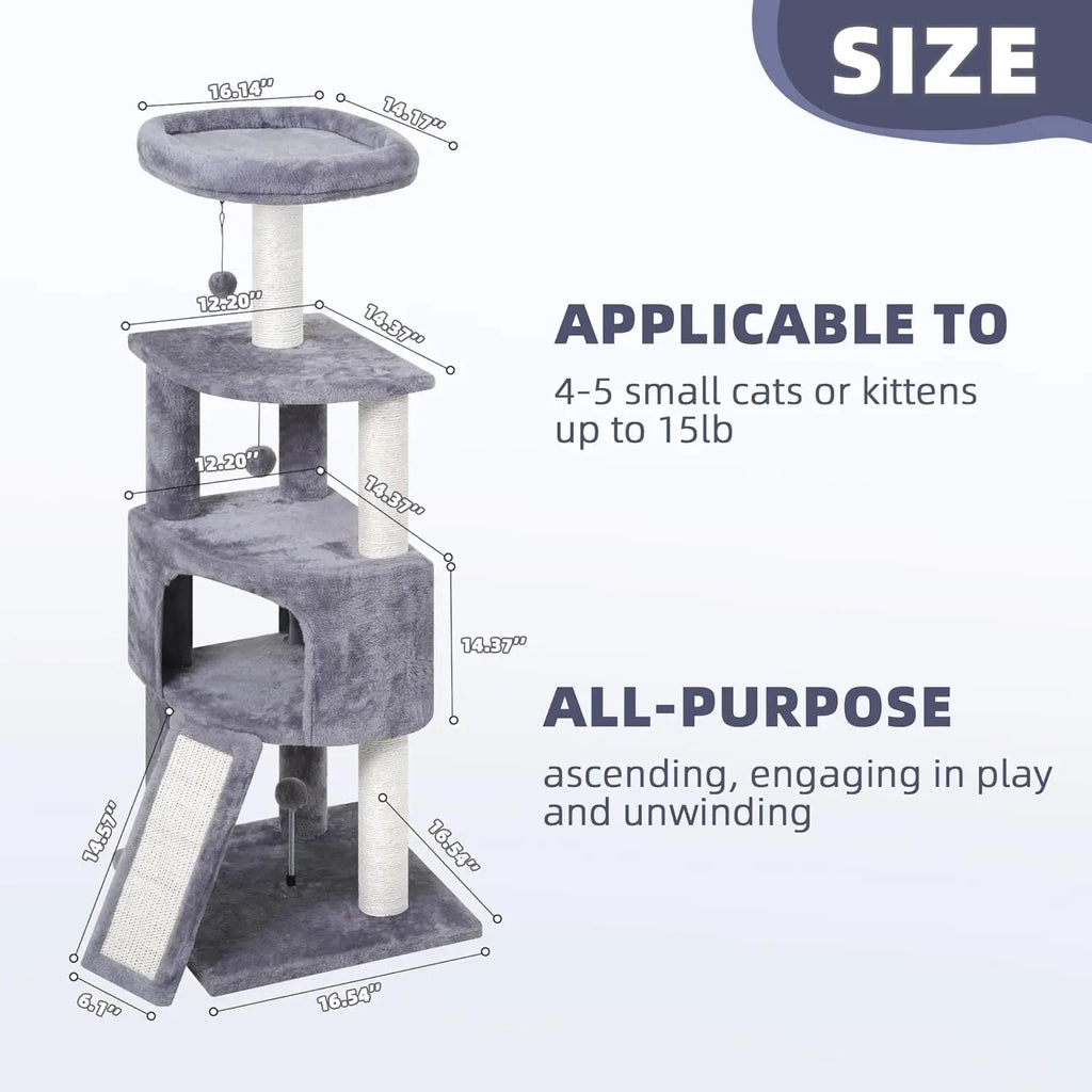 45in Multi-Level Cat Tree Tower with Scratching Post, Board, and Toys for Small Spaces, Grey
