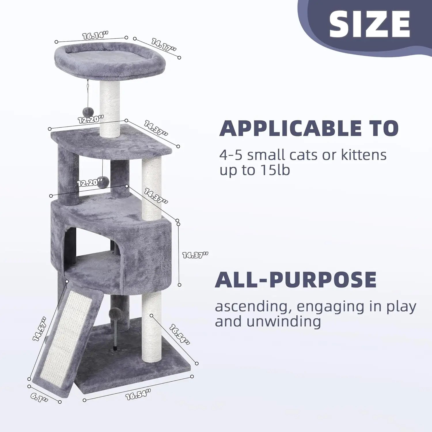 45in Multi-Level Cat Tree Tower with Scratching Post, Board, and Toys for Small Spaces, Grey