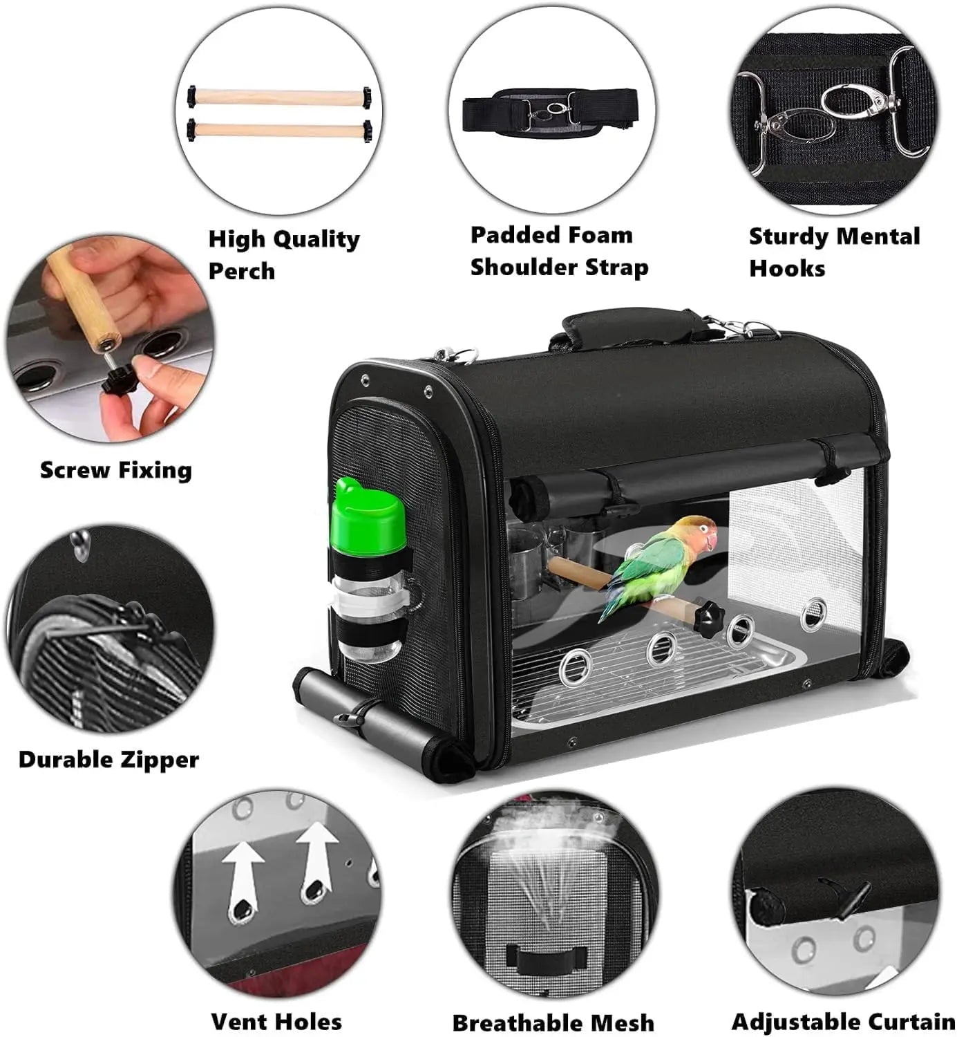 Lightweight Bird Travel Cage Backpack with Stand, Portable Transparent Breathable Carrier for Parrots and Pets, Black