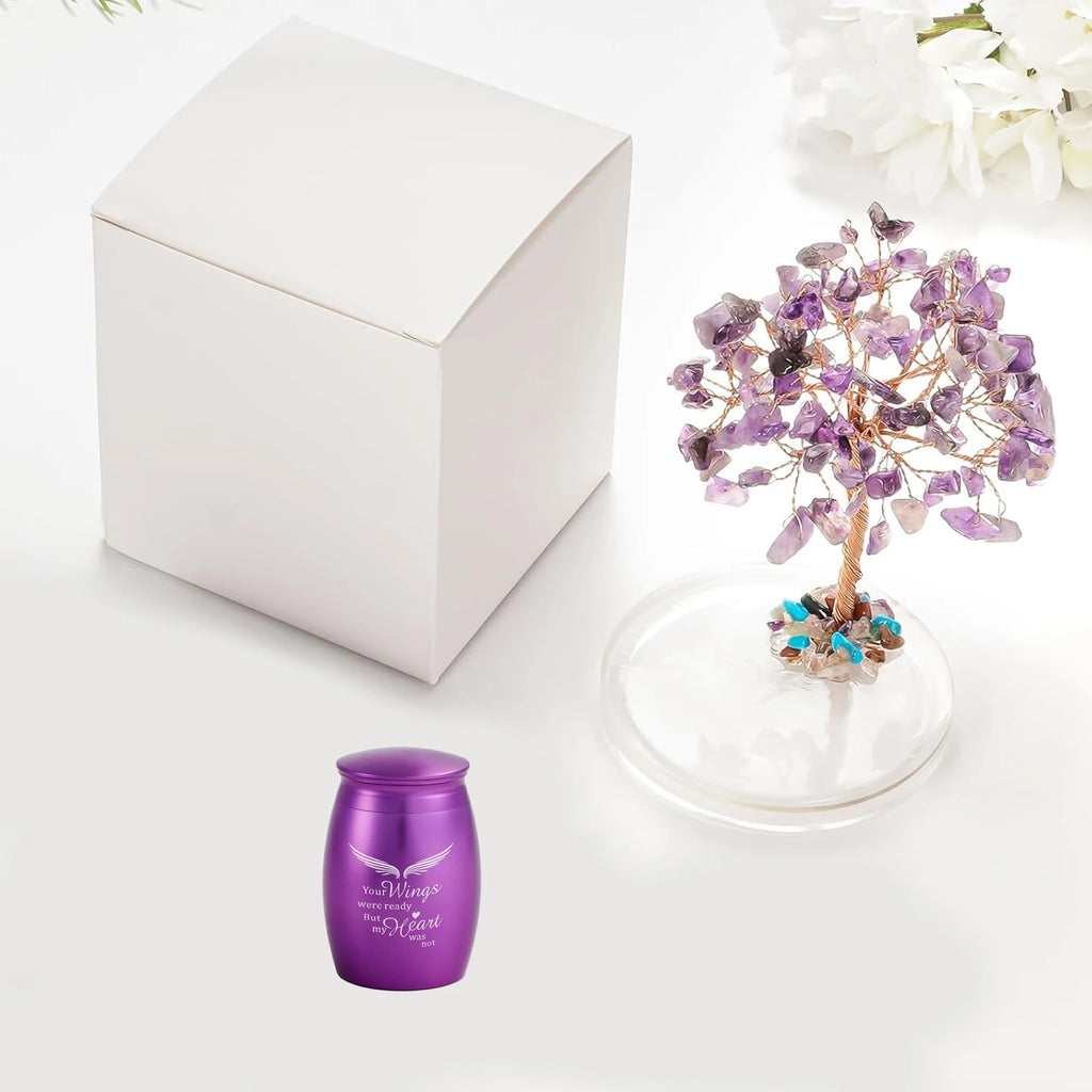 Small Urns for Ashes Keepsake Set of 2, Angel Wings Mini Urn Amethyst Crystal Tree
