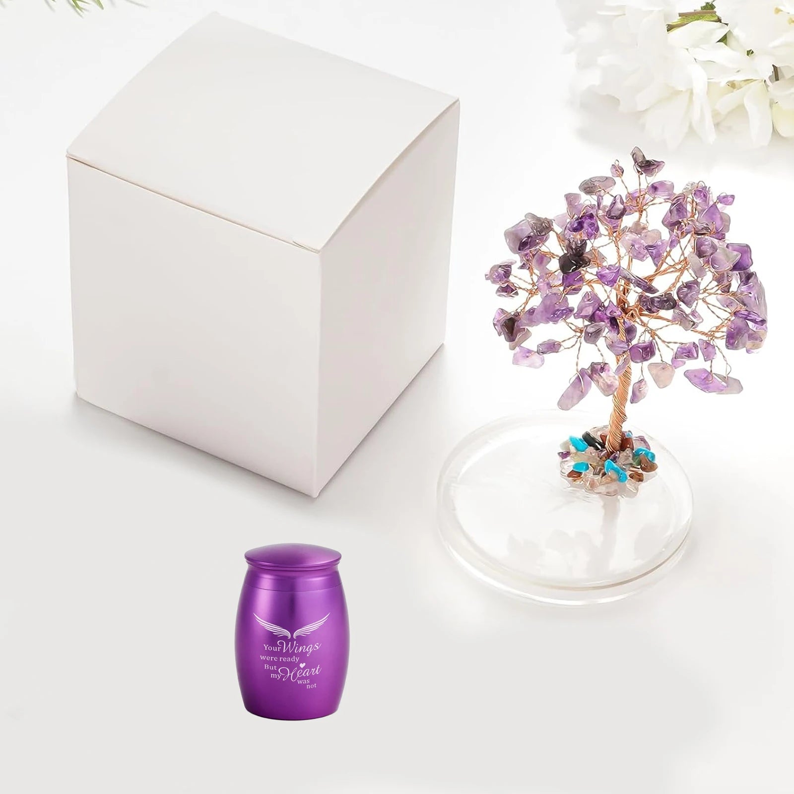 Small Urns for Ashes Keepsake Set of 2, Angel Wings Mini Urn Amethyst Crystal Tree