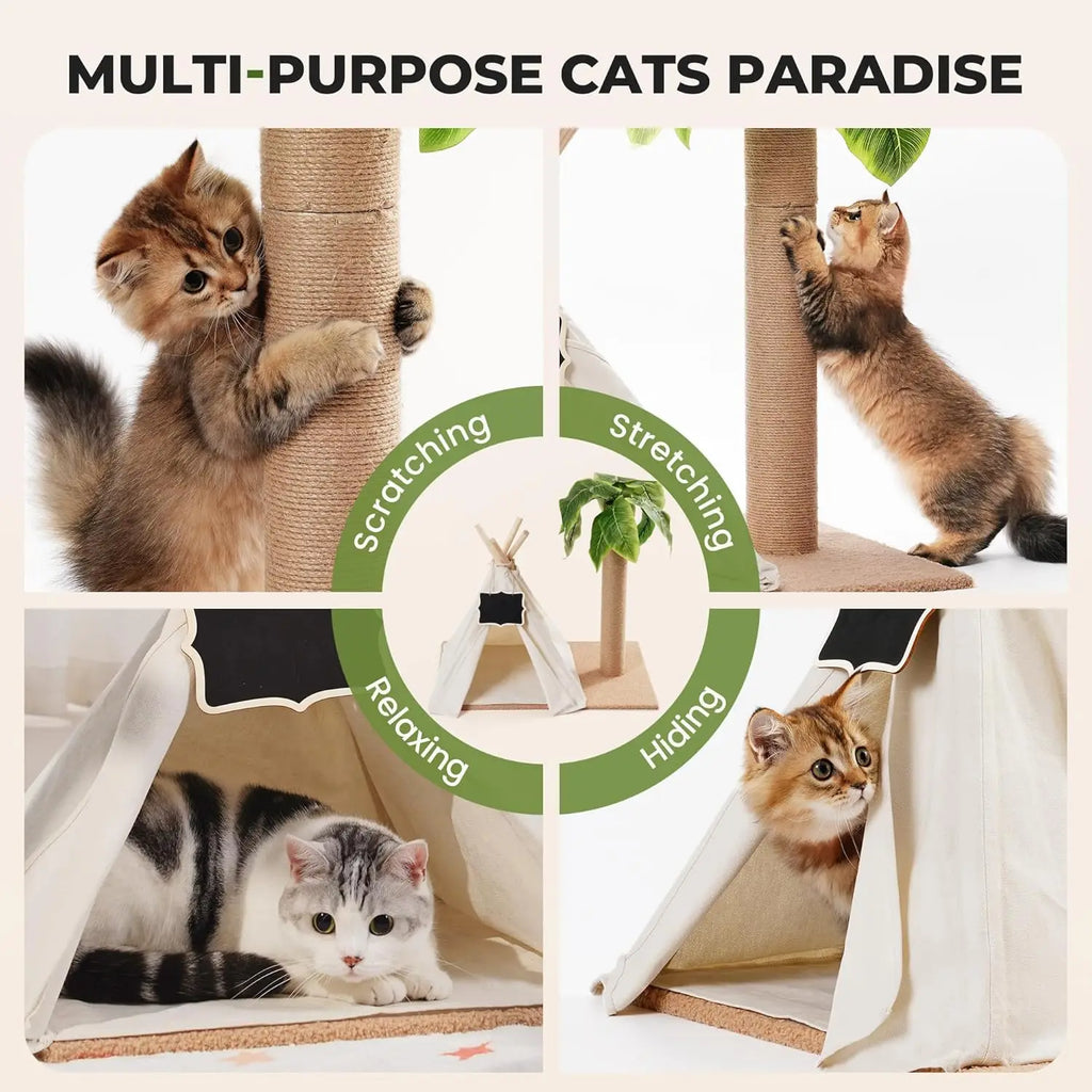 MEWOOFUN Cats Scratching Post Teepee Cat Tree with Simulated Leaves 60cm Tall
