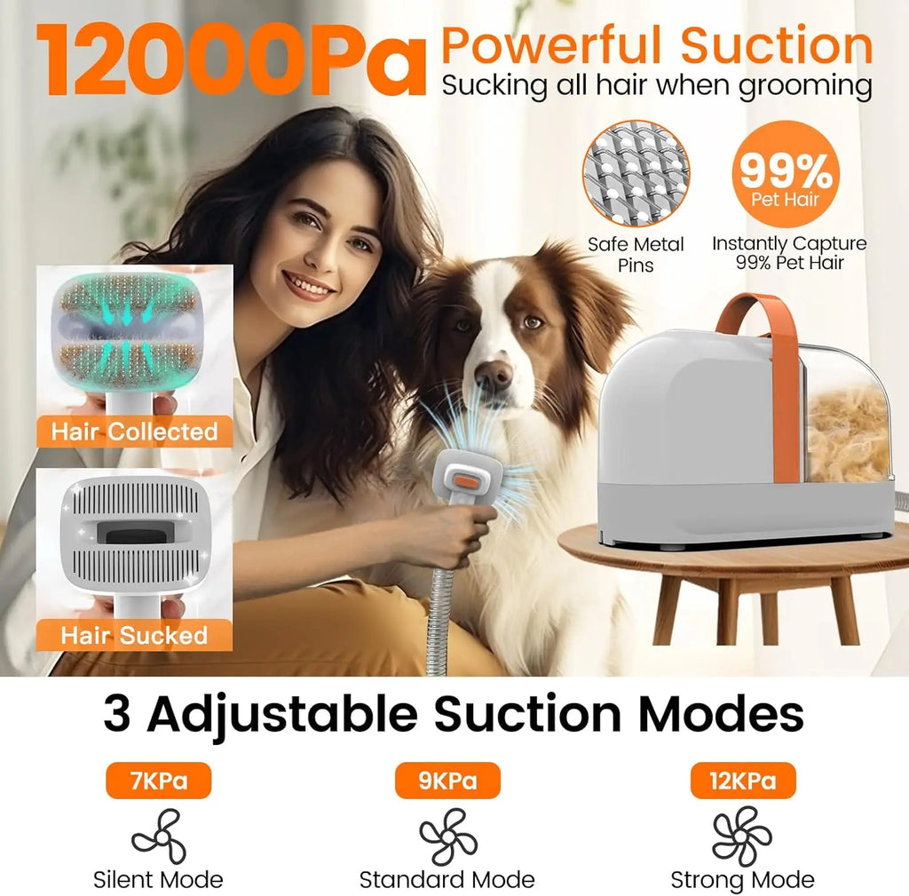 Pet Grooming Vacuum Kit with Clippers, 12,000Pa Suction, Low Noise, All-in-One Home Cleaning Tool for Dogs