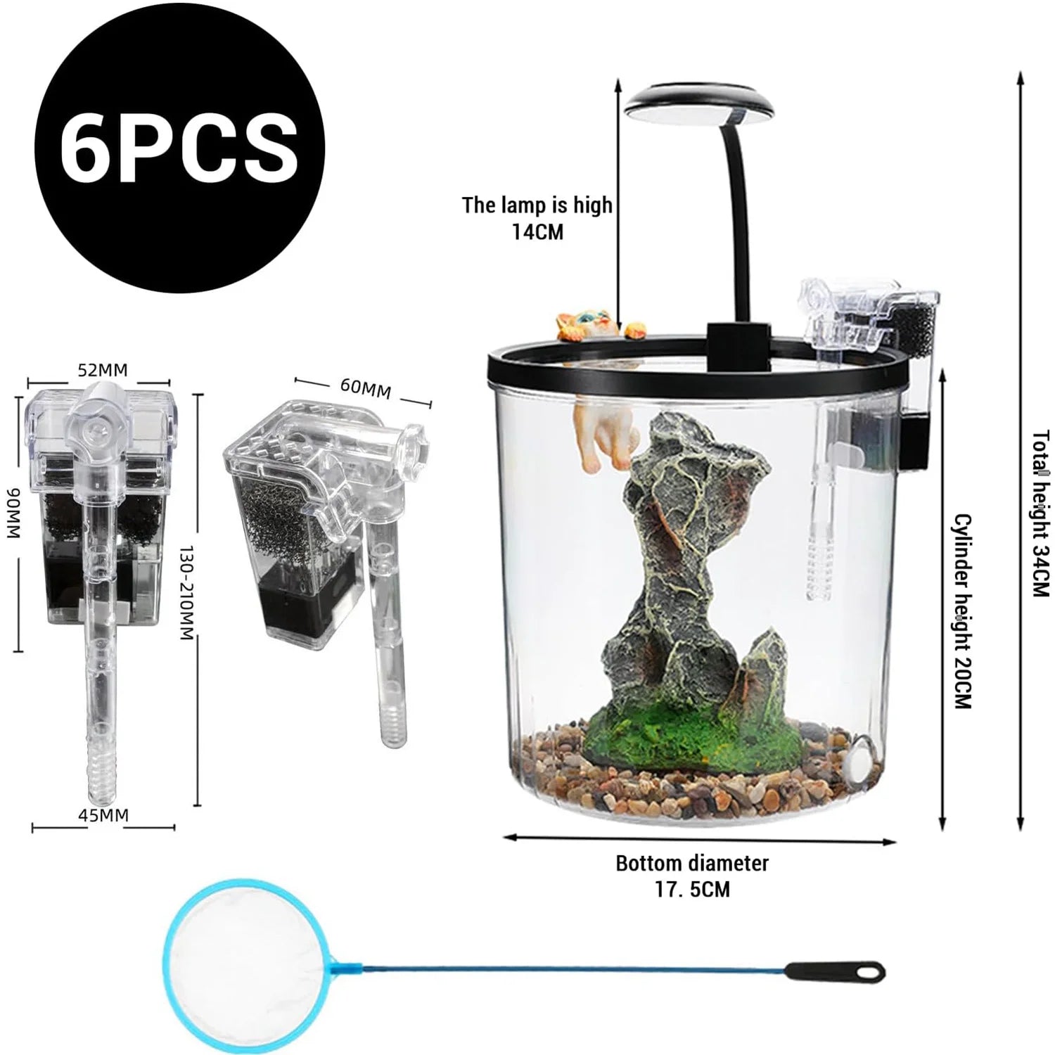 1.5 Gal Betta Fish Tank Starter Kit With Quiet Filter LED Light Oxygen Generator Acrylic HD View Guppies