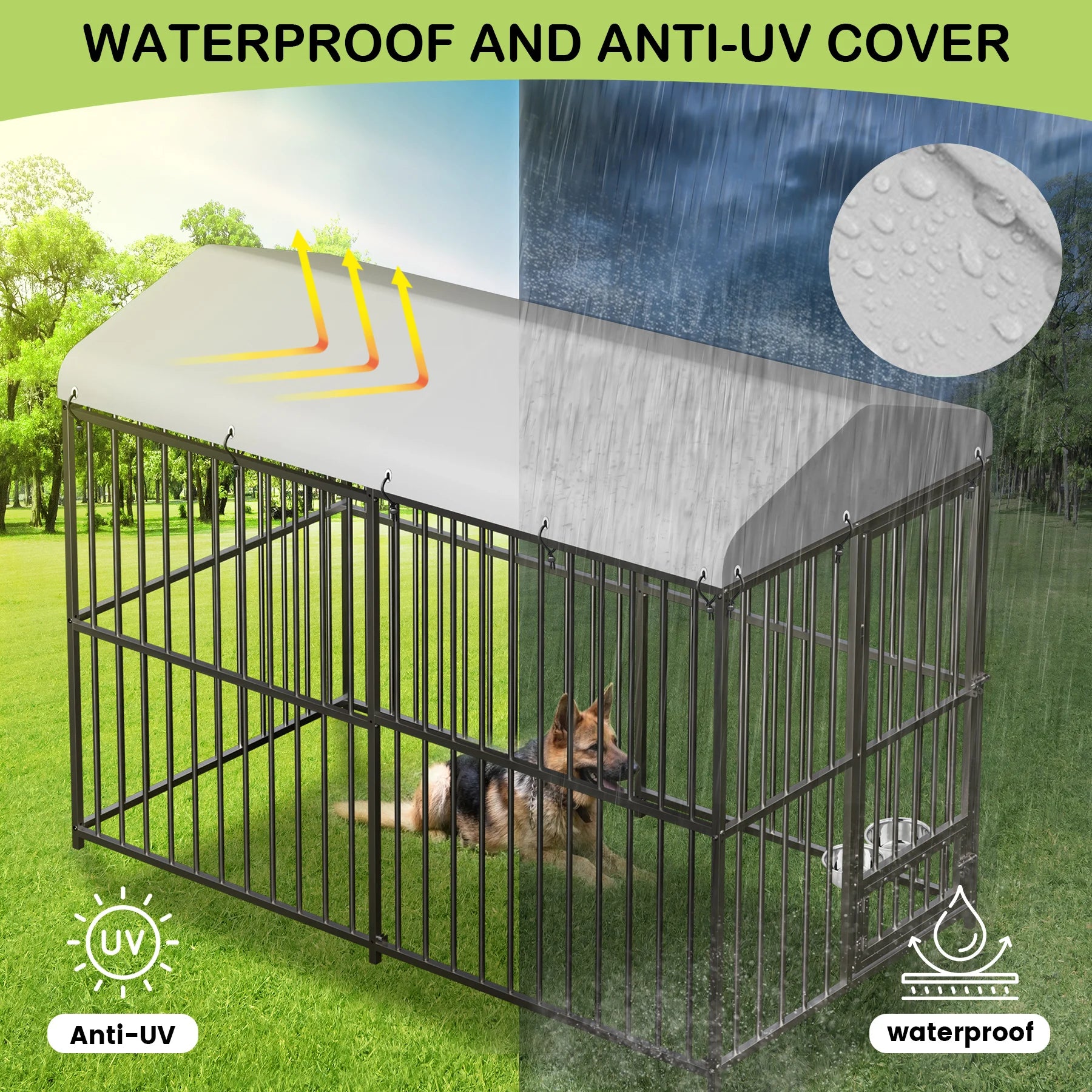 Heavy Duty Outdoor Dog Kennel with Roof Large 8x4x6FT Galvanized Metal with Secure Lock UV Water-Resistant Black Cover