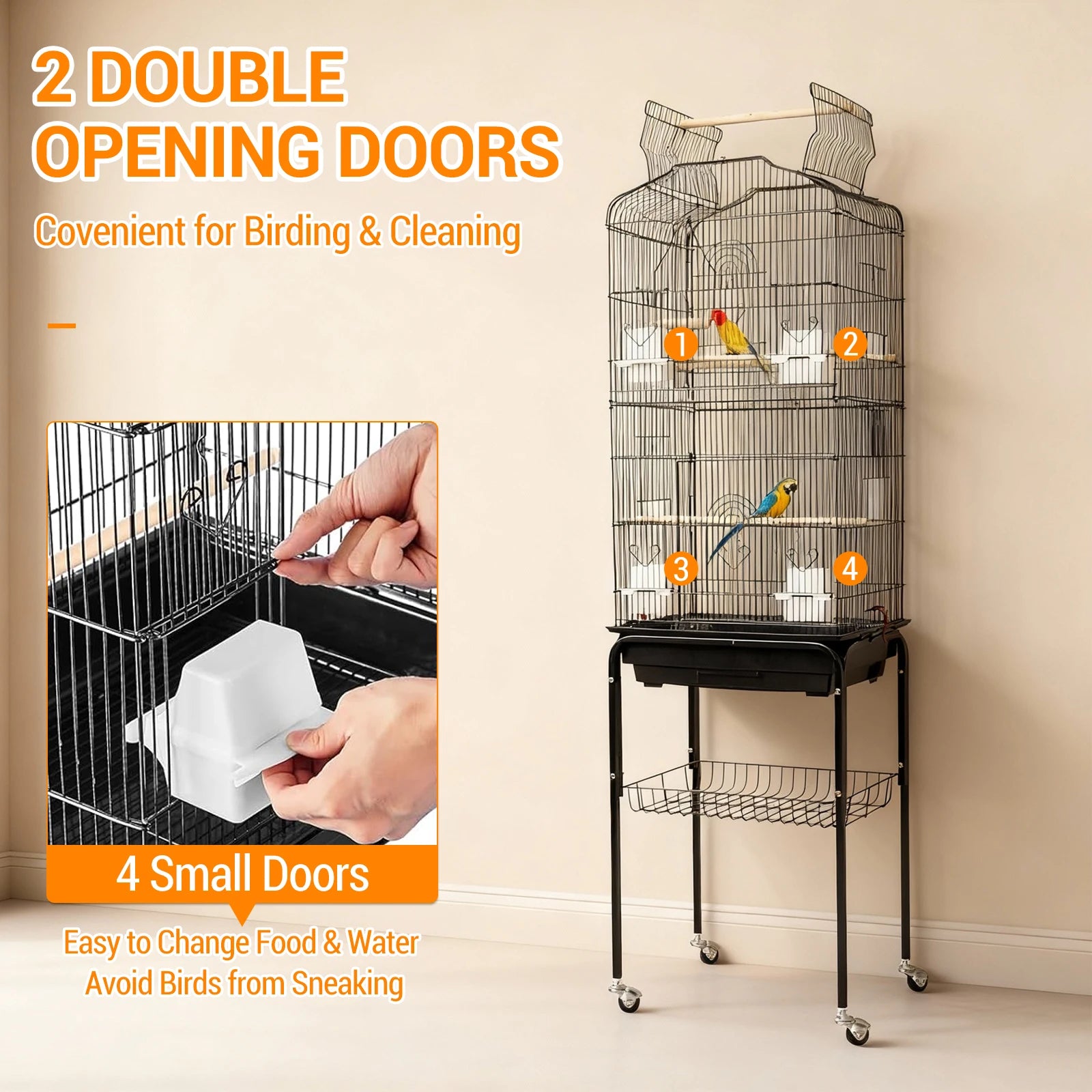 162cm Large Bird Cage with Open Play Rooftop Rolling Stand Slide-out Tray Storage Shelf