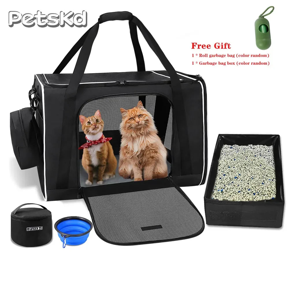 Large Cat Carrier with Litter Box and Cat Dog Bowl  for 2 Cats or Medium Dog for Travel