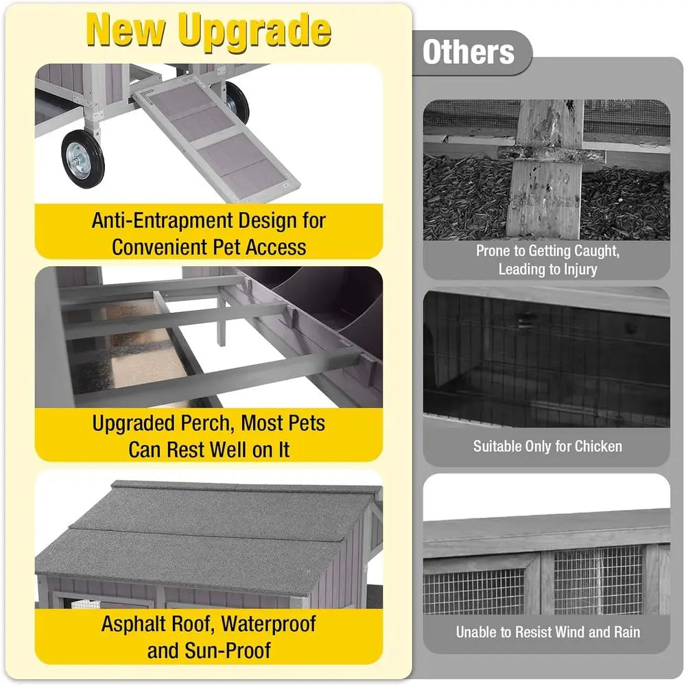 Outdoor Mobile Hen House with Large Wheels - Durable Wooden Cage for 3 Nesting Boxes or 2-6 Chickens,