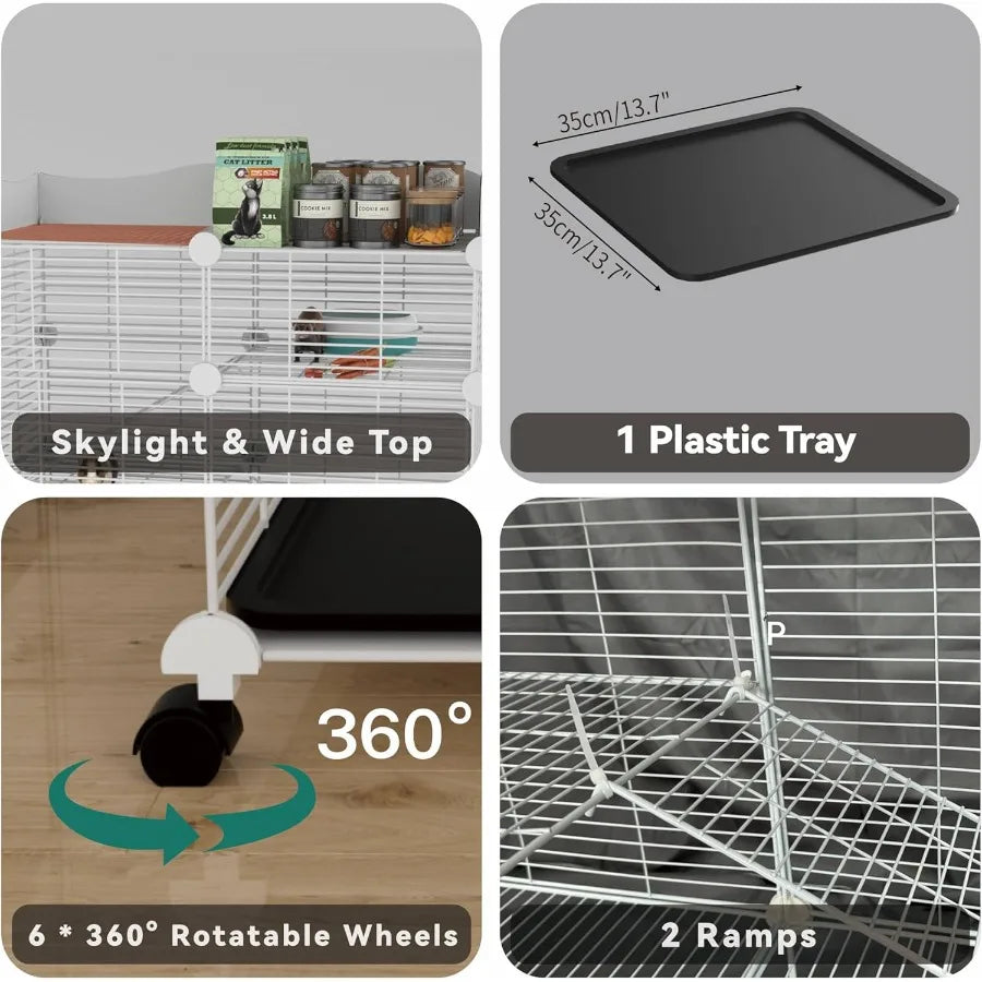 Spacious Indoor Guinea Pig Cages on Wheels with 3 Tier Design and CC Structure Includes Top Cover and Removable Tray