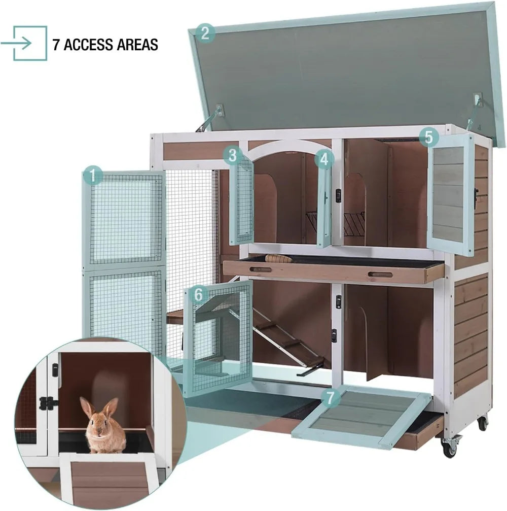 Rabbit Hutch Indoor Bunny House Guinea Pig Cage with Sliding Plastic Trays, Wheels & Ramp, Multi-Door