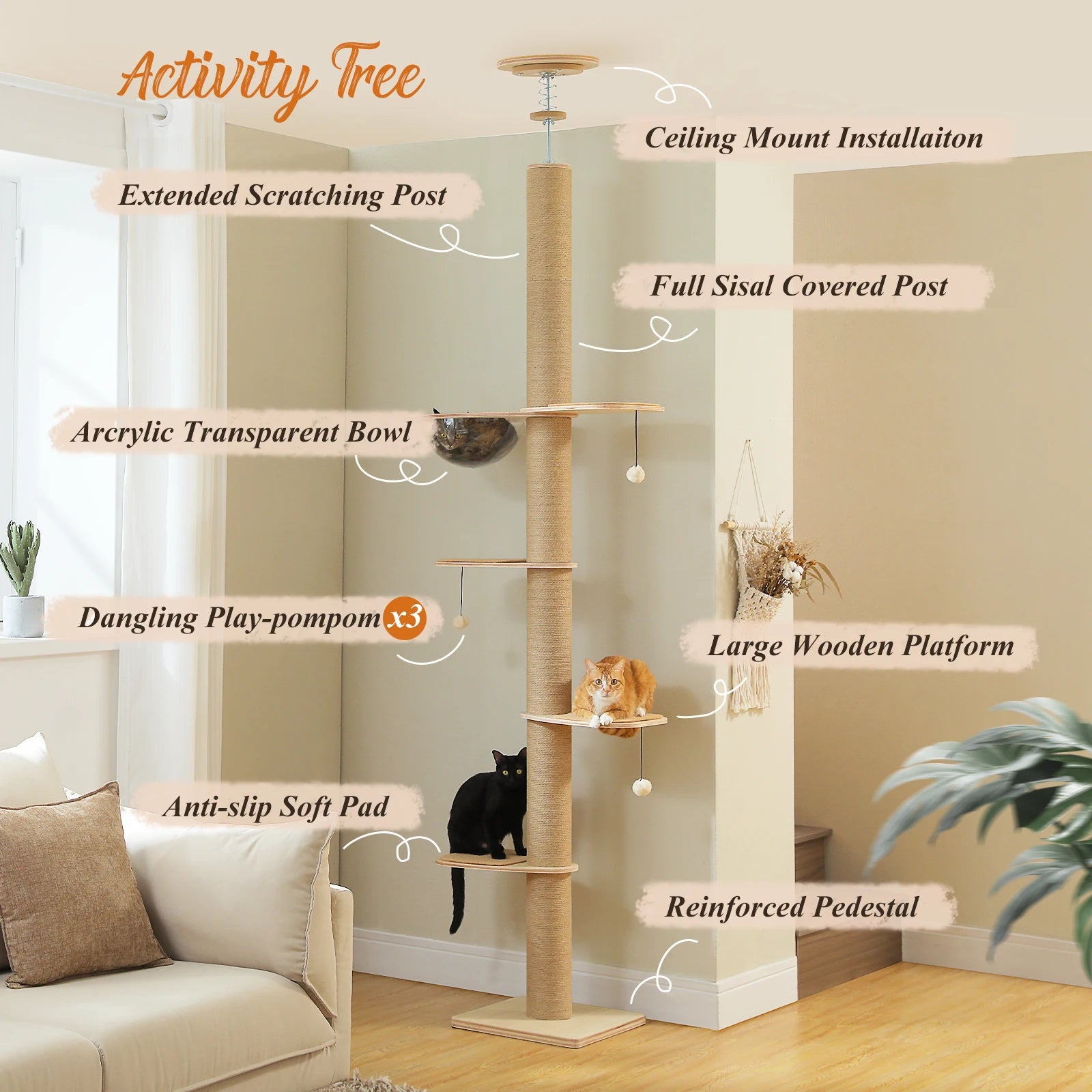 Floor to Ceiling Cat Tree for Indoor Cats Adjustable Height Wooden Cat Tower with Thick Scratching Posts Acrylic