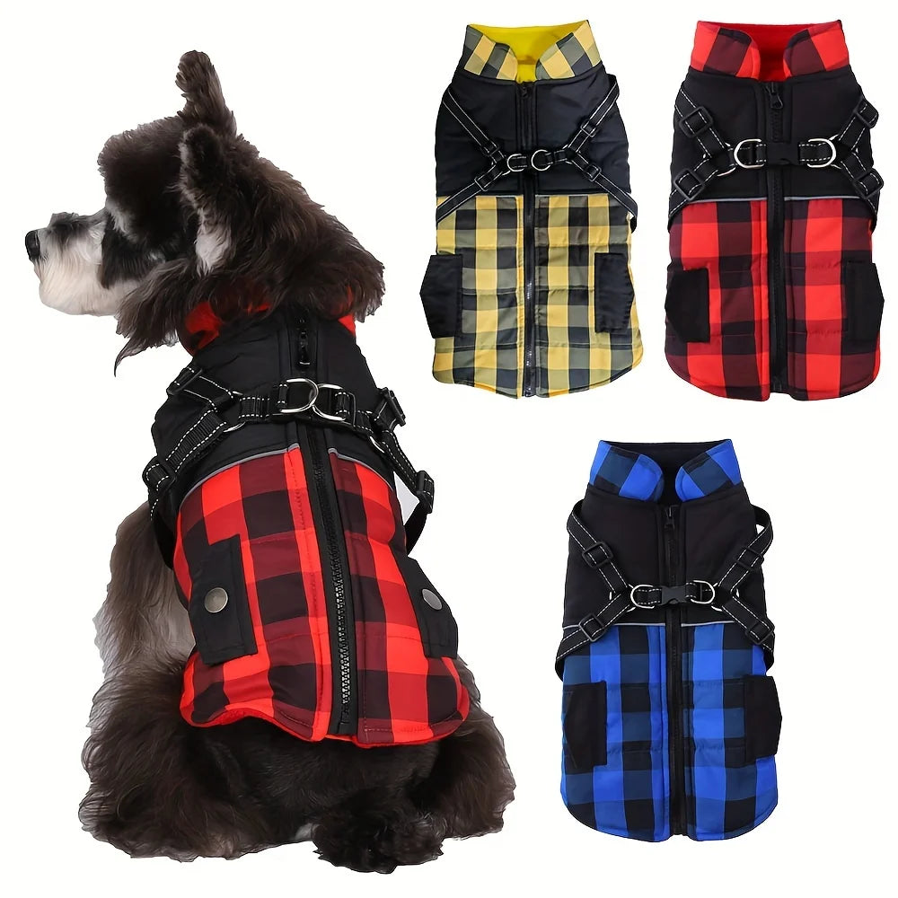Plaid Thicken Padded Pet Dog Jacket With Harness For Cold Weather Windproof Winter Dog Jacket Coat