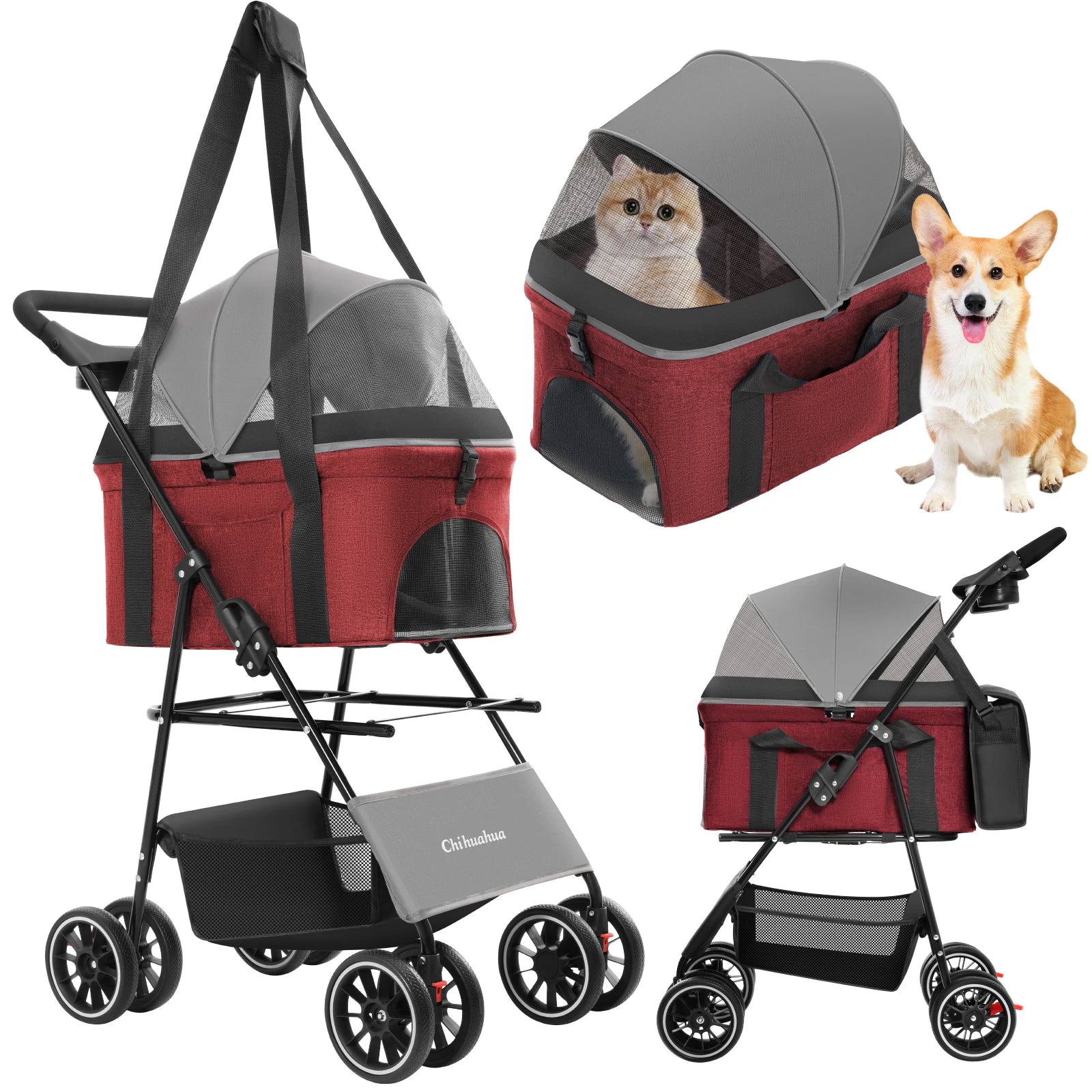 Canopy 4 Wheels Pet Strolling Cart for Small/Medium Dogs and Cats with Removable Carrier