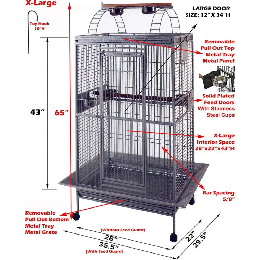 Large Deluxe Wrought Iron Bird Cage with Rolling Stand for Parrots, Cockatiels, and Conures (28 x 22 x 65, White)