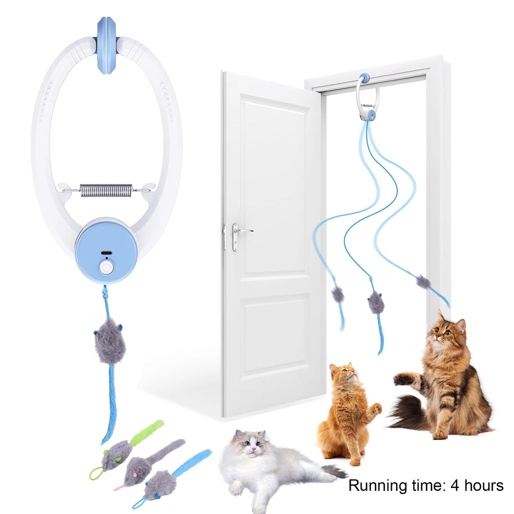 Door Hanging Automatic Retractable Kitten Toys with 3 Catnip Mice Self Play Hanging Door Cat Mouse