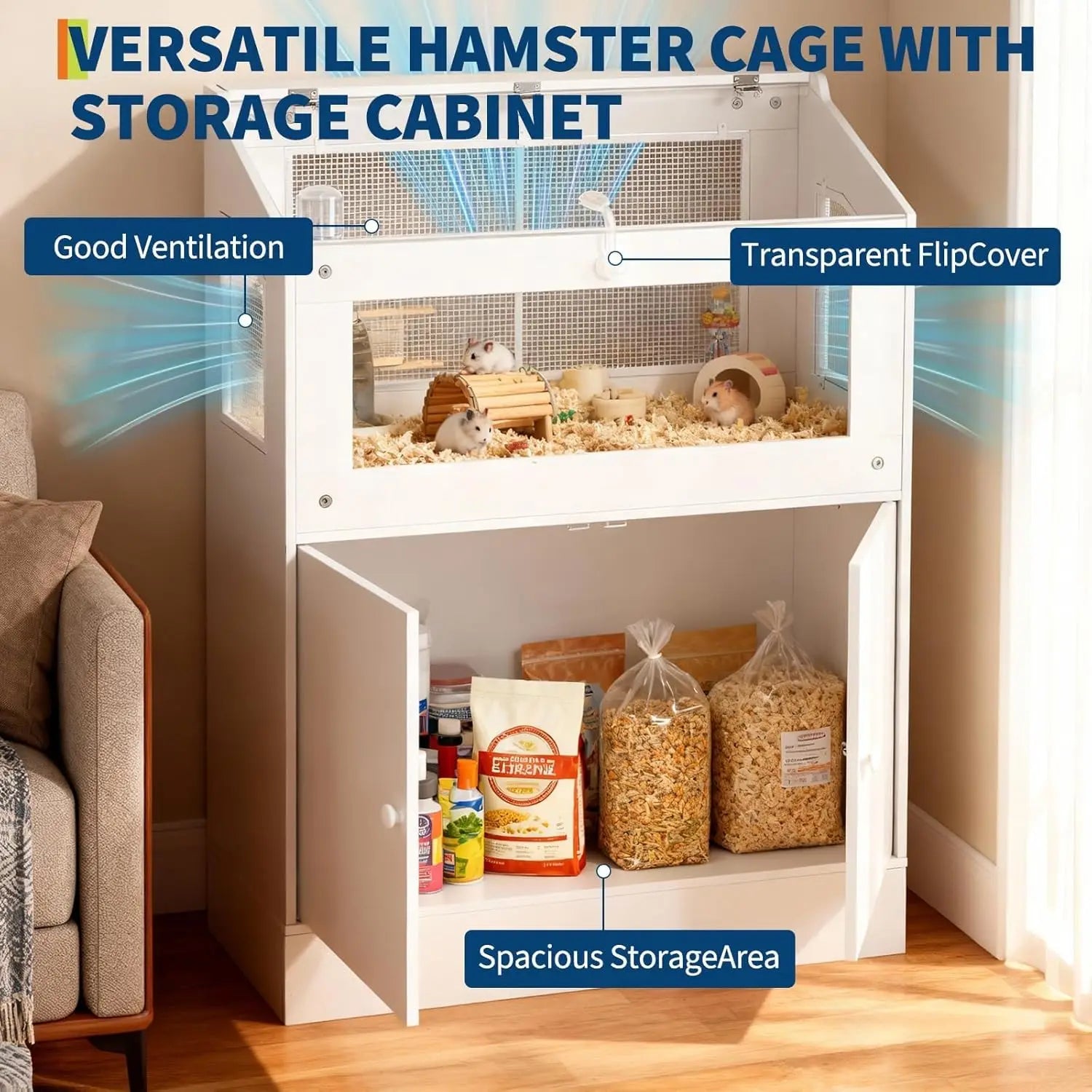 Hamster Cage with Storage Cabinet, Guinea Pig Cage Large  Cage with Easy View Acrylic Panels