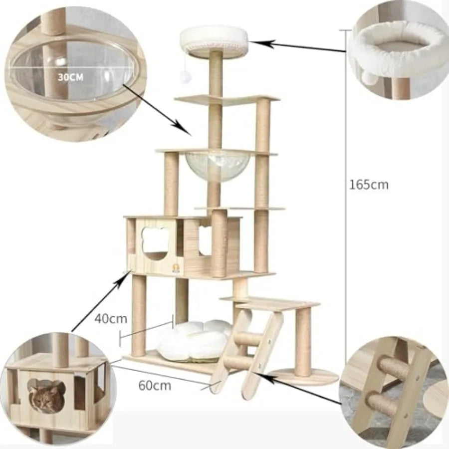 65-Inch Multi-Purpose Wooden Cat Tree Tower with Condo Design Featuring 13 Scratch Posts Padded Platform Bed