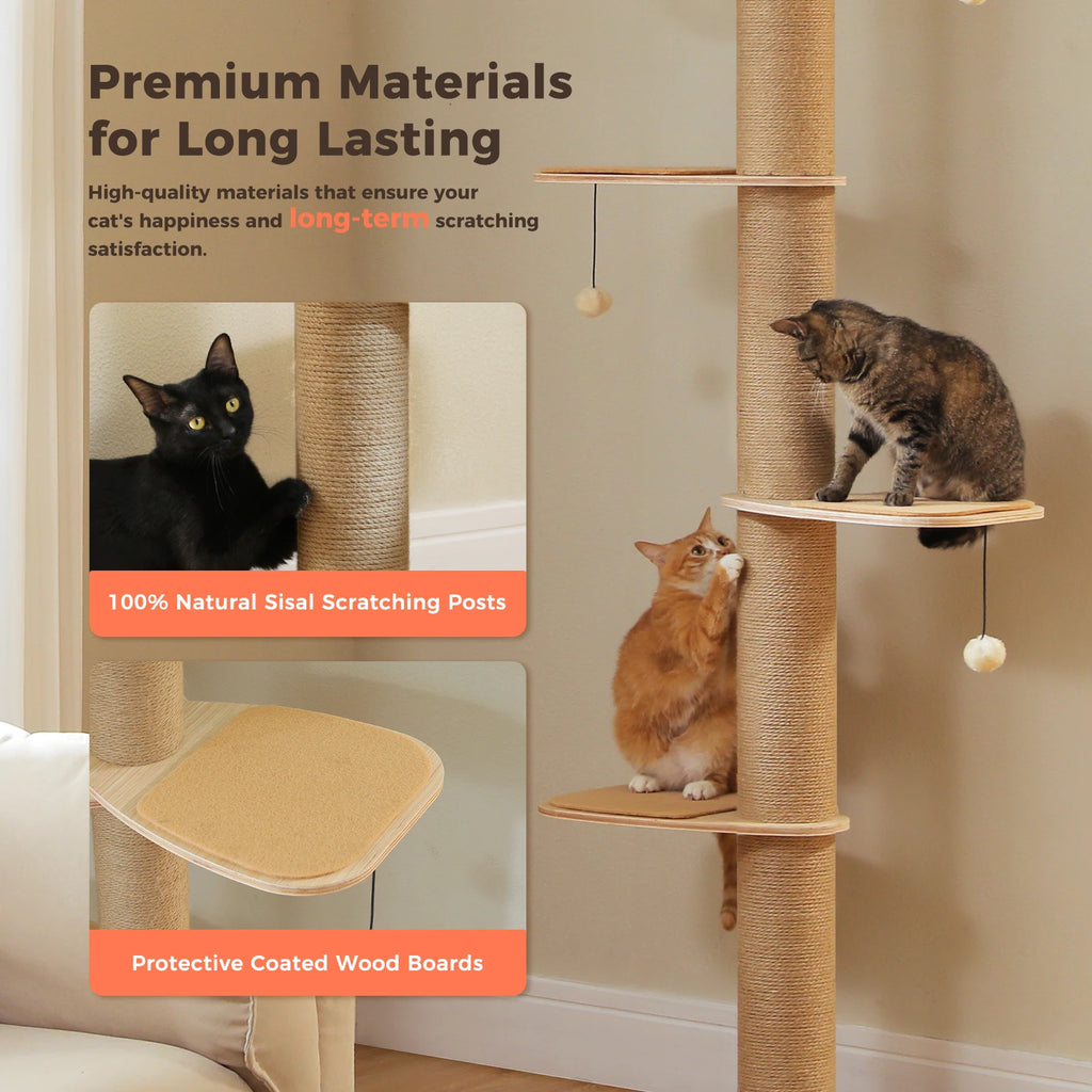 Floor to Ceiling Cat Tree for Indoor Cats Adjustable Height Wooden Cat Tower with Thick Scratching Posts Acrylic