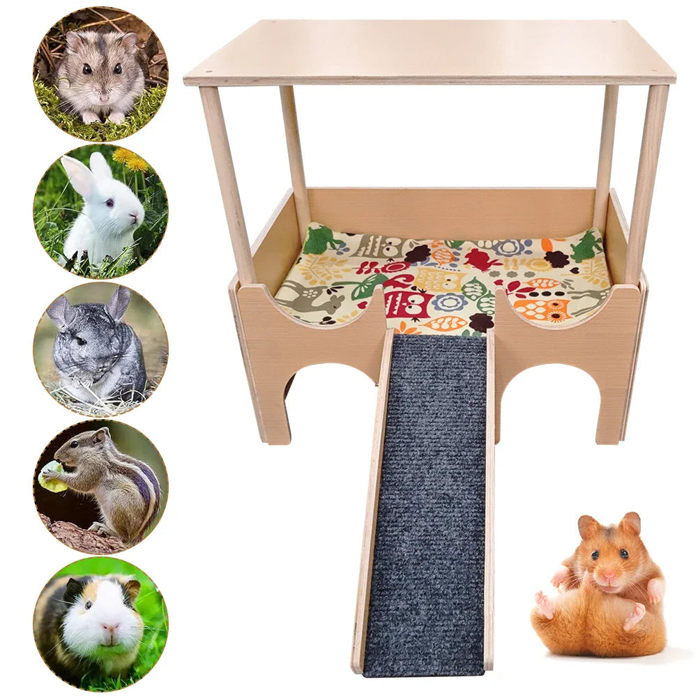 2-Tier Guinea Pig Hideout Wooden Guinea Pigs House with Stairs Habitat Hut