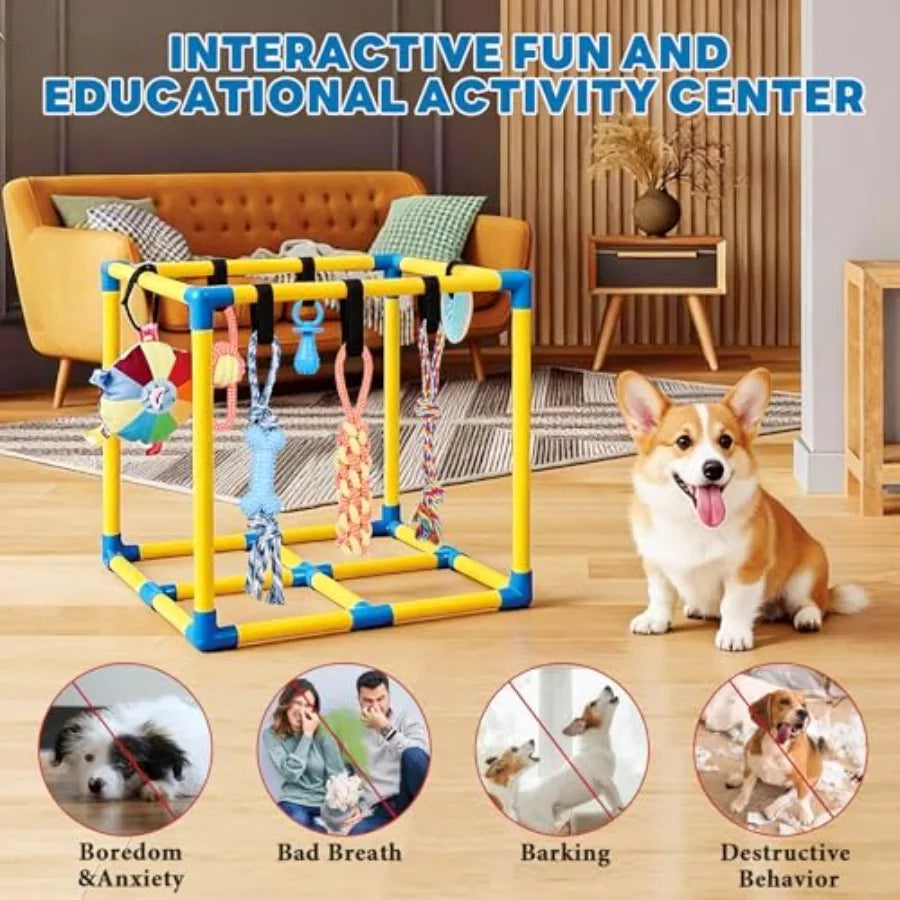 Puppy Play Gym for Small Dogs with 10 Hanging Toys Removable Indoor Jungle Gym PVC Frame with Adjustable Bungee Straps