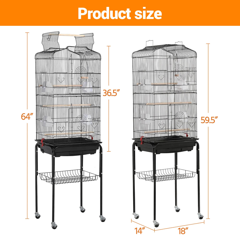162cm Large Bird Cage with Open Play Rooftop Rolling Stand Slide-out Tray Storage Shelf