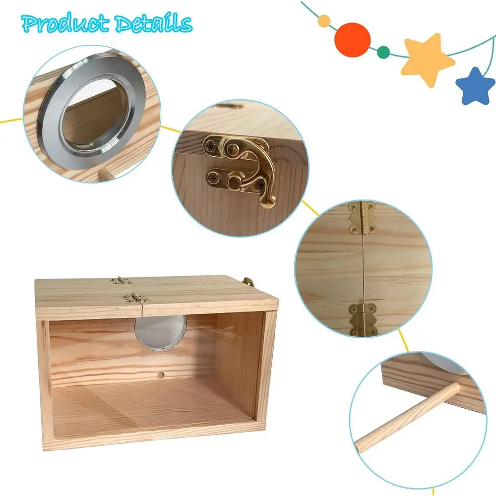 Transparent Parakeet Nesting Box, Wooden Parrot Nest Breeding Box with Perch Natural Bird House