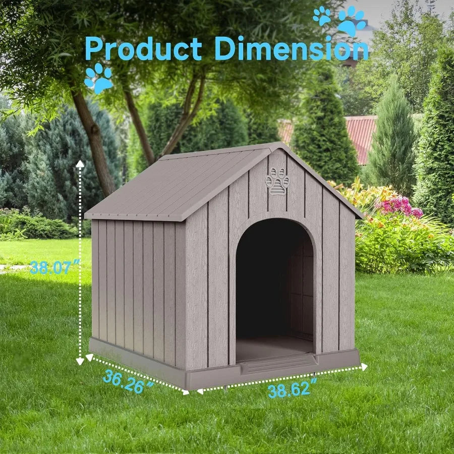 Dog House Outdoor Indoor Dog Kennel Weatherproof Resin Shelter with Air Vents and Elevated Floor for Small Medium Large
