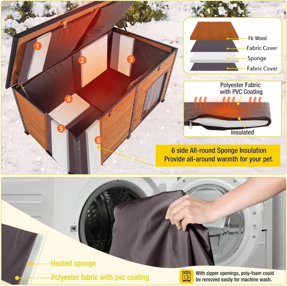 59" Extra Large Heated Dog House Outdoor Insulated Kennel with Heating System & Iron Frame