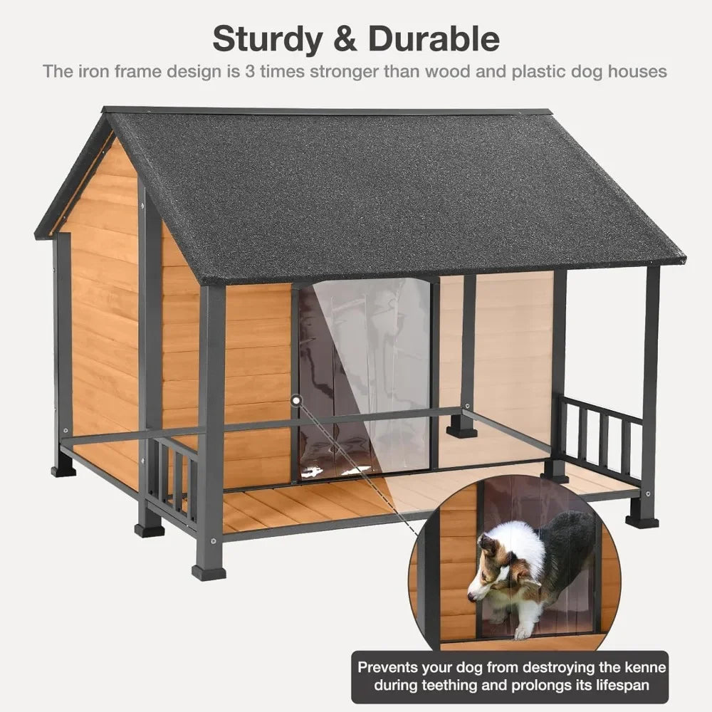 Outdoor Weatherproof Dog House, Easy to Assemble Puppy Shelter with All-Around Iron Frame & Fir Wood, Ideal for Large Dog