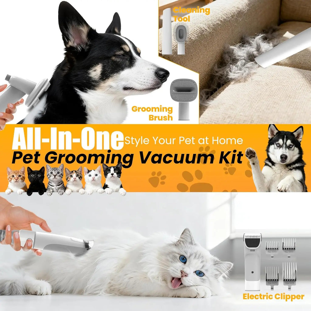 All-in-One Pet Grooming Vacuum with Hair Clipper and Shedding Brush, Low Noise 12,000Pa Suction