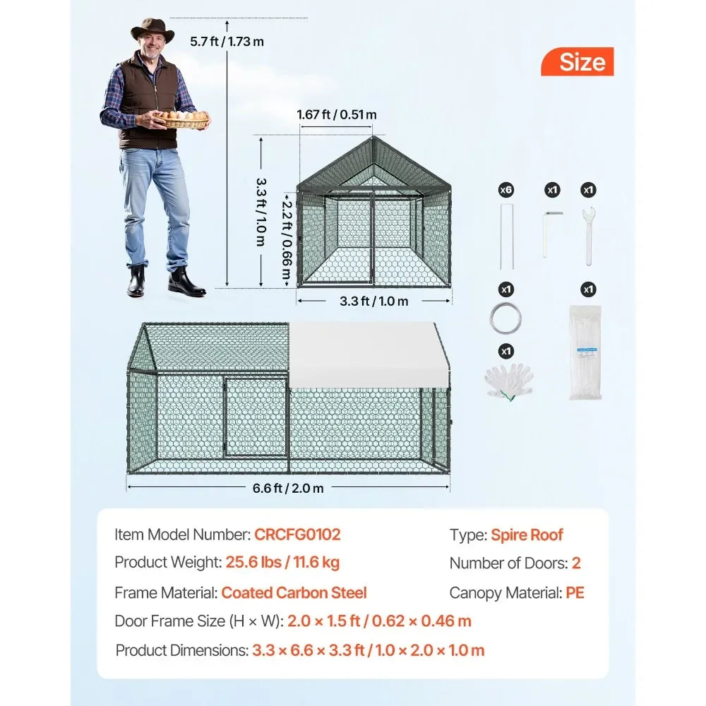 Metal Chicken Coop with Cover for 4-6 Chickens3.3x6.6x3.3 ft Poultry Cage