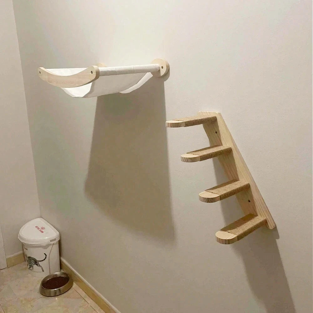 Cat Hammock and Stairway with Sisal Rope Wall Mounted Climbing Shelf Scratching Grinding Claws