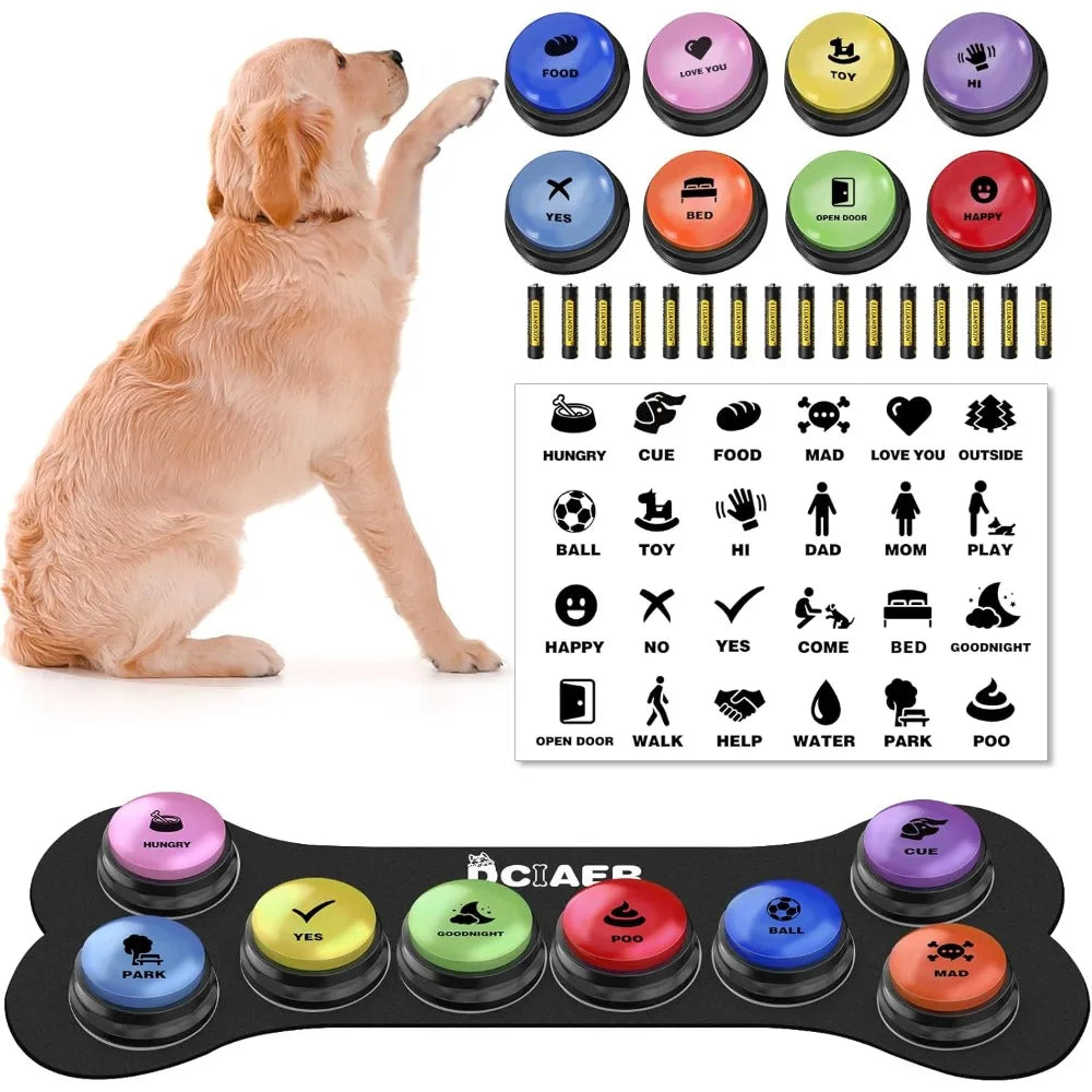 Talking Buttons for Dogs,8 Recordable Sound Buttons + 24 Scene Patterns + 1 Dog Button Mat+ 16 AAA