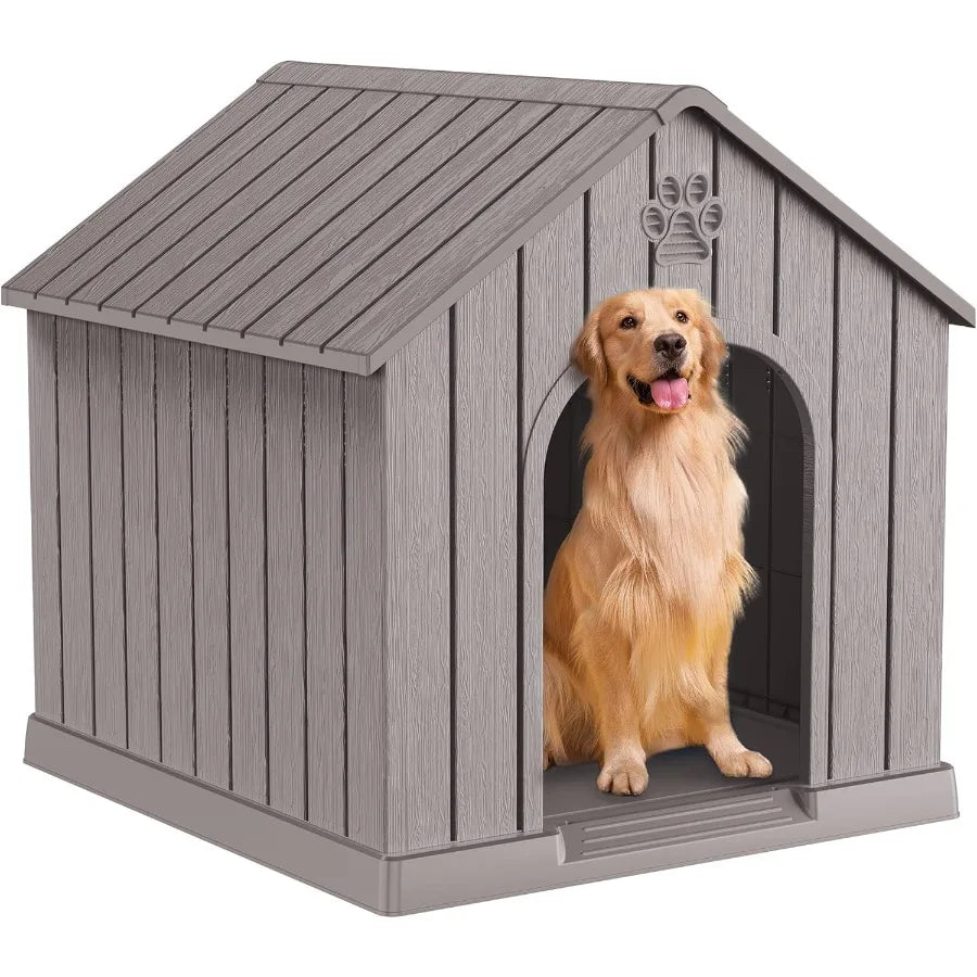 Dog House Outdoor Indoor Dog Kennel Weatherproof Resin Shelter with Air Vents and Elevated Floor for Small Medium Large