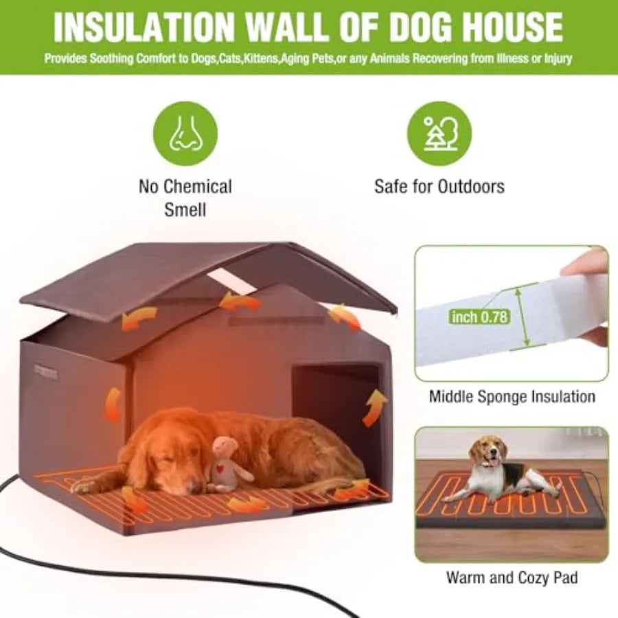 Heated Dog House with Heavy-Duty Iron Frame Insulated Liner for Winter Weatherproof