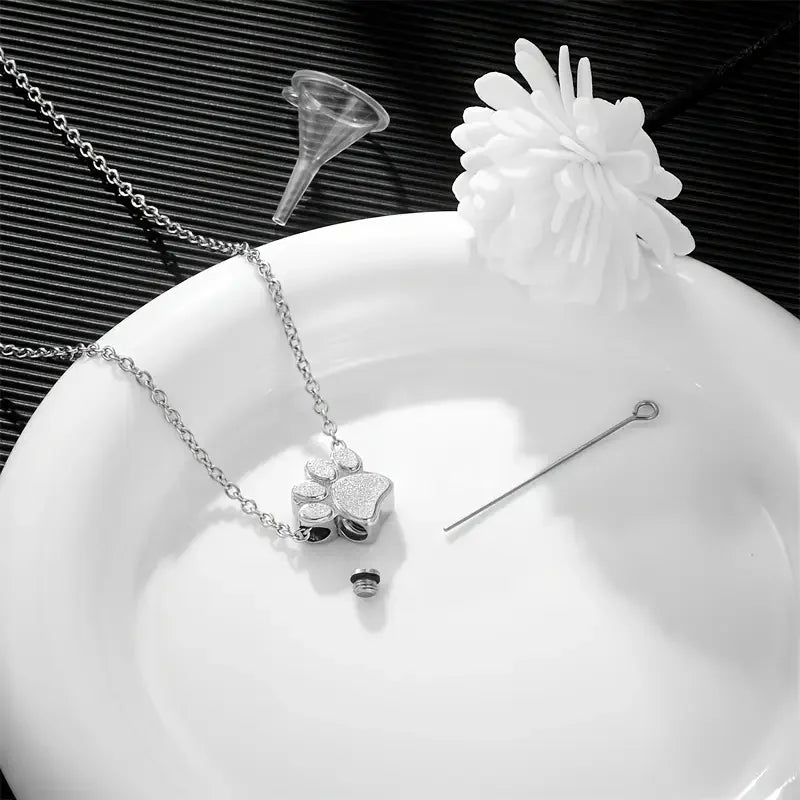 Stainless Steel Openable Paw Print Pet Ashes Urn Necklace Memorial Keepsake Jewelry