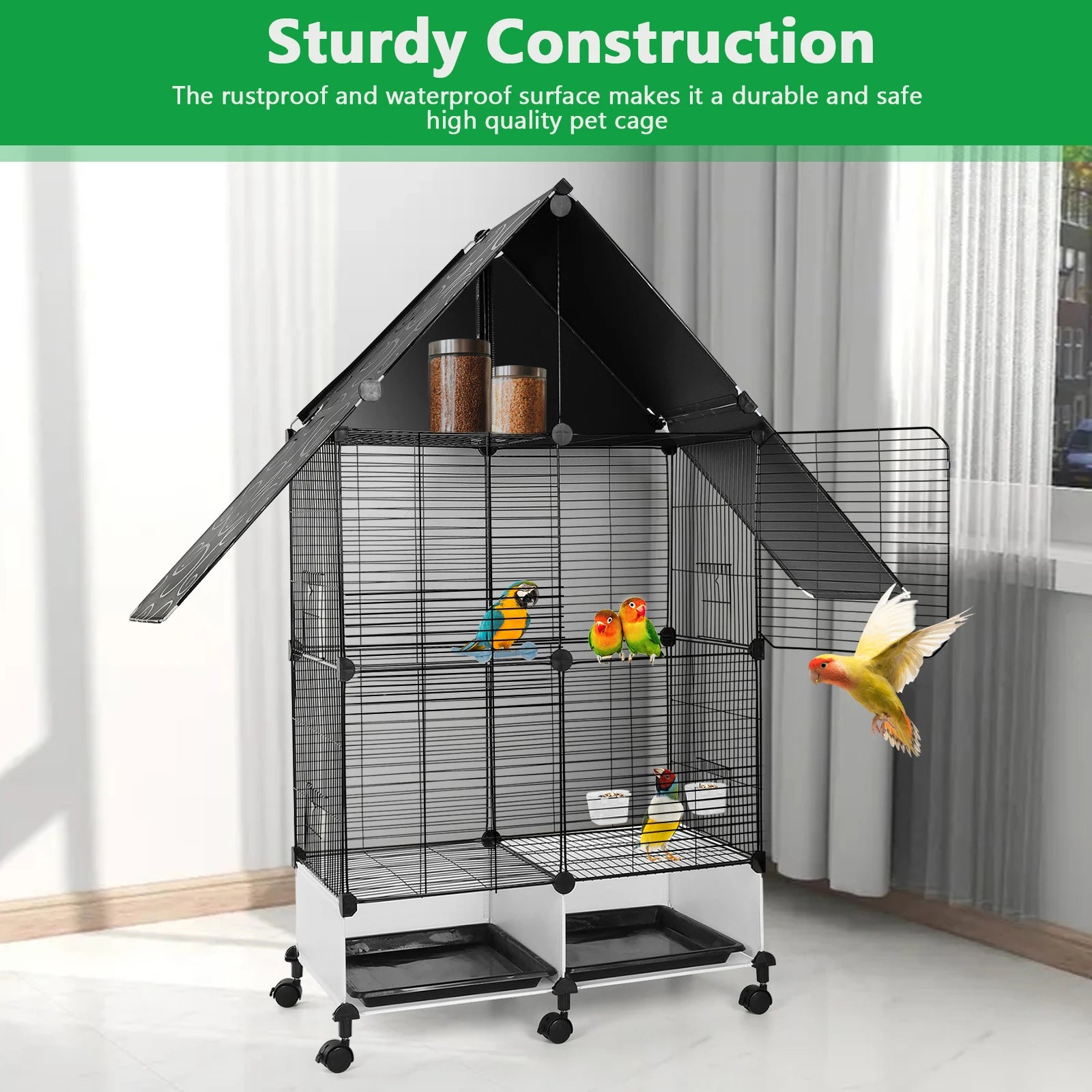 Bird Cage with Rolling Stand House Shape Bird Cage with Lock 2 Tier Bird Cage Bird Villa for Parakeets Parrot Cockatiels