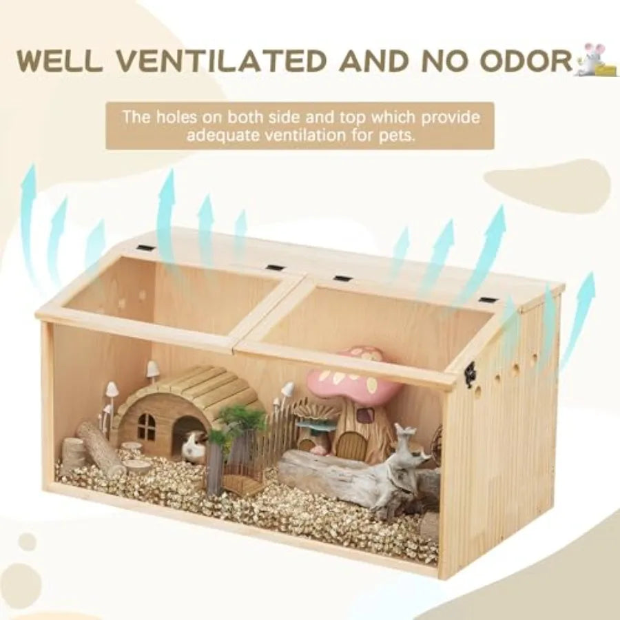 Large 31 Wooden Guinea Pig Cage with Transparent Acrylic Panel for Dwarf and Syrian Hamsters Top Opening