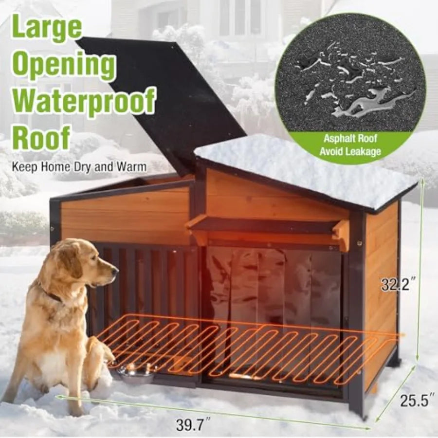 Heated Dog House with Heavy-Duty Iron Frame Insulated Liner for Winter Weatherproof