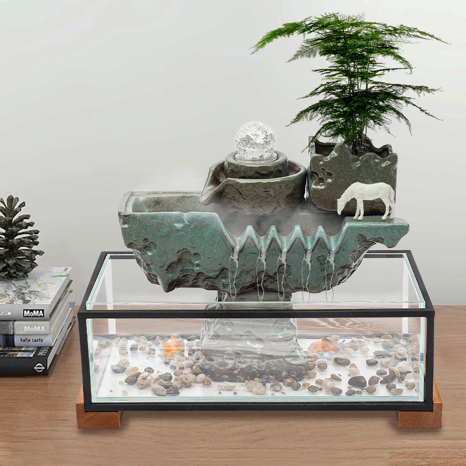 Clear Tabletop Eco Fish Tank Water Fountains,Rectangular Indoor Water Fall Decor for Meditation with Mist