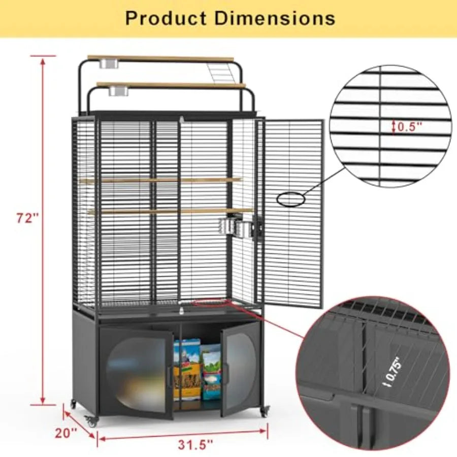 72-Inch Large Bird Cage with Play Top and Rolling Storage Cabinet Extra Spacious Covered Aviary Suitable for Parrots Cockatiels