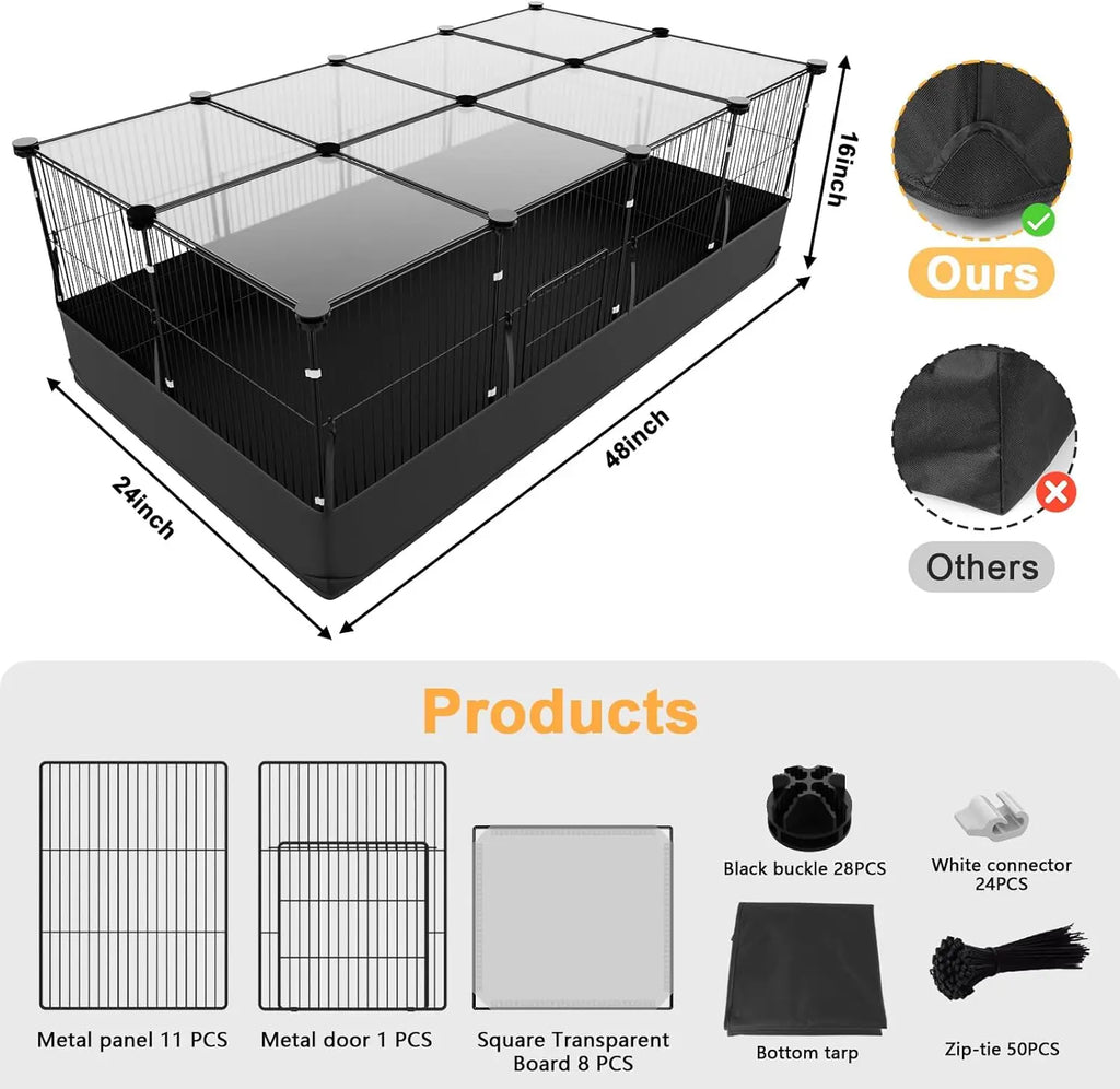 12-Panel Small Animal Playpen with Waterproof Liner & Easy Hooks, 48x24x16 Cage for Guinea Pigs, Rabbits, Hamsters